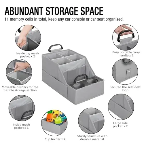 MULISOFT Car Seat Organizer- Backseat Car Organizer with 12 Storages Compartments and 2 Cup Holders, Organizers and Storage, Front Seat for Travel Kids,Pure Gray - 3