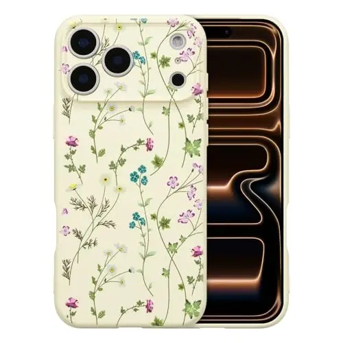 RALEAVO Floral Case for iPhone 17 Pro Max Silicone Cute Girly Cover,Beige | Cute Flowers Branches Pattern for Girls Women,Soft Liquid Silicone Cover,Slim Protective Case for iPhone 17 Pro Max 6.9