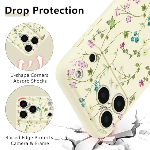 RALEAVO Floral Case for iPhone 17 Pro Max Silicone Cute Girly Cover,Beige | Cute Flowers Branches Pattern for Girls Women,Soft Liquid Silicone Cover,Slim Protective Case for iPhone 17 Pro Max 6.9