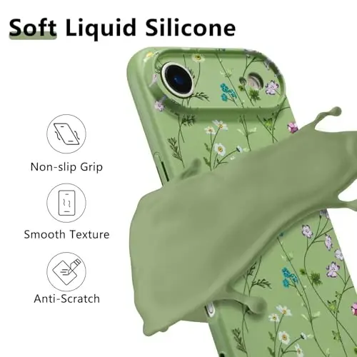 RALEAVO Floral Case for iPhone Air Silicone Cute Cover for Women,Green | Cute Flowers Branches Pattern for Girls Women,Soft Liquid Silicone Cover,Slim Protective Phone Case for iPhone Air 6.5