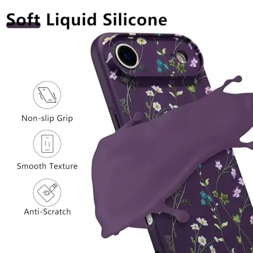 RALEAVO Floral Case for iPhone Air Silicone Cute Cover for Women,Purple | Cute Flowers Branches Pattern for Girls Women,Soft Liquid Silicone Cover,Slim Protective Phone Case for iPhone Air 6.5