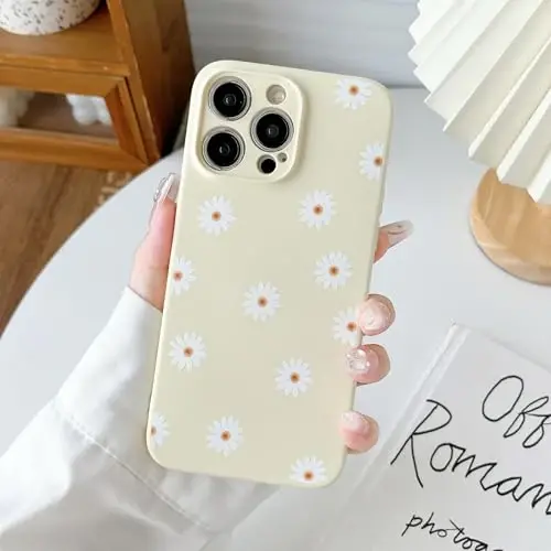 RALEAVO Floral Case for iPhone 14 Pro Max Silicone Cute Girly Cover,Beige | Cute Minimalist Daisies Flowers for Girls Women,Soft Liquid Silicone Cover,Slim Protective Case for iPhone 14 Pro Max 6.7