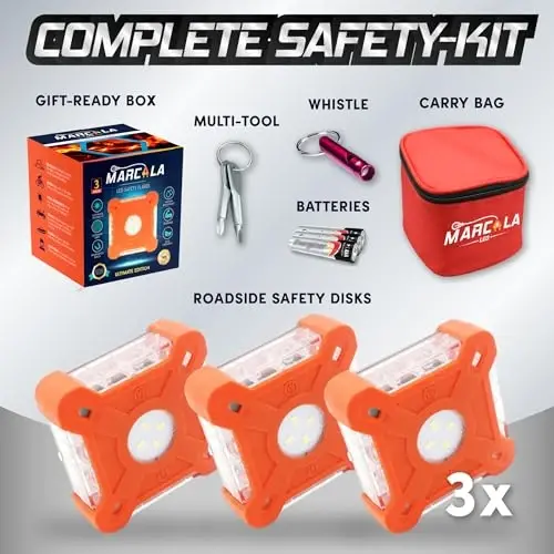 MARCALA Emergency Lights for Vehicles 3-Pack | LED Road Flares | Flares Emergency Road | LED Emergency Flares Include Batteries, Case, Whistle and are Stronger, Brighter & Better than round LED Flares - MARCALA