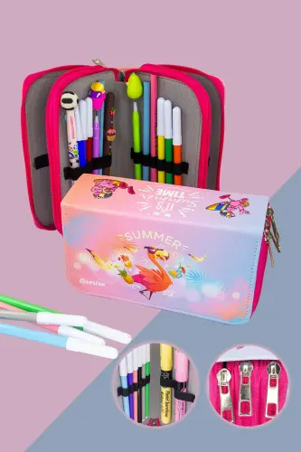 Kalem Kutusu Summer Flamingo Üç Bölmeli Vegan Deri - Summer Flamingo - 1