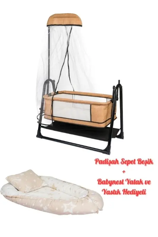 Btrend Padişah Gri Babynest Yatak Ve Yastık Sallanır Sepet Beşik Bebek Beşiği 2 li Set - Bej - ÖZBAY