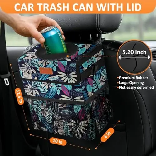 Vankor Car Trash Can with Lid Leak Proof Car Accessories for Women | 3 Gallon Cute Hanging Car Trash Bin for Men Car Truck Vehicle Sedan SUV Interior Automotive Garbage Cans, Leaves - VANKOR (1)