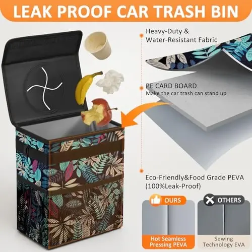 Vankor Car Trash Can with Lid Leak Proof Car Accessories for Women | 3 Gallon Cute Hanging Car Trash Bin for Men Car Truck Vehicle Sedan SUV Interior Automotive Garbage Cans, Leaves - 3