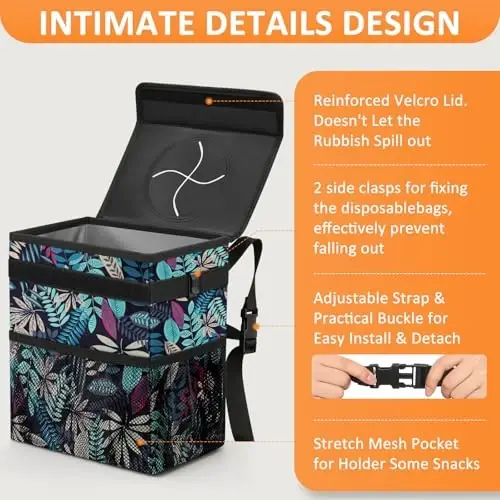 Vankor Car Trash Can with Lid Leak Proof Car Accessories for Women | 3 Gallon Cute Hanging Car Trash Bin for Men Car Truck Vehicle Sedan SUV Interior Automotive Garbage Cans, Leaves - 4