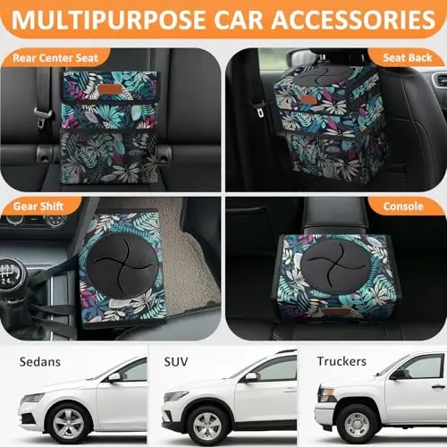 Vankor Car Trash Can with Lid Leak Proof Car Accessories for Women | 3 Gallon Cute Hanging Car Trash Bin for Men Car Truck Vehicle Sedan SUV Interior Automotive Garbage Cans, Leaves - 5