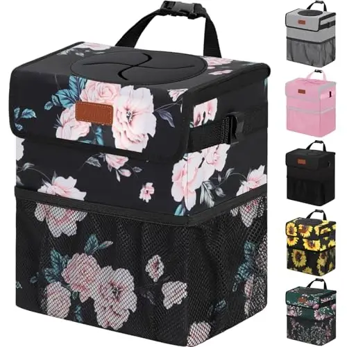 Vankor Car Trash Can with Lid Leak Proof Car Accessories for Women | 4.2 Gallon Cute Hanging Car Trash Bin for Men Car Truck Vehicle Sedan Interior Automotive Garbage Cans, Black Floral 