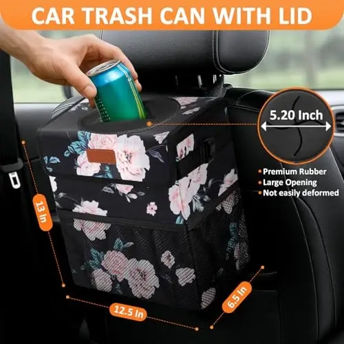 Vankor Car Trash Can with Lid Leak Proof Car Accessories for Women | 4.2 Gallon Cute Hanging Car Trash Bin for Men Car Truck Vehicle Sedan Interior Automotive Garbage Cans, Black Floral - VANKOR (1)
