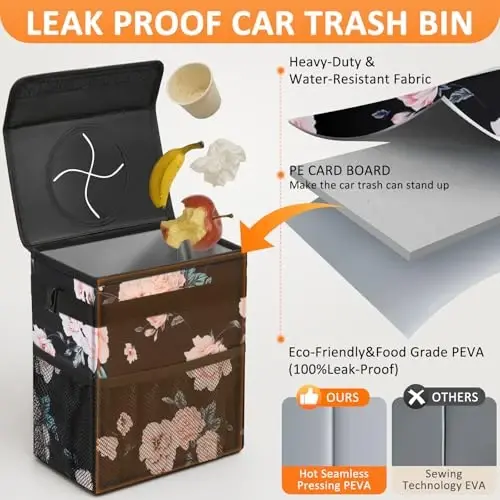 Vankor Car Trash Can with Lid Leak Proof Car Accessories for Women | 4.2 Gallon Cute Hanging Car Trash Bin for Men Car Truck Vehicle Sedan Interior Automotive Garbage Cans, Black Floral - 3