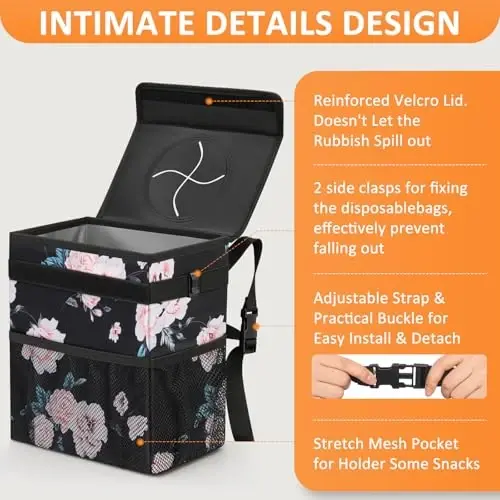 Vankor Car Trash Can with Lid Leak Proof Car Accessories for Women | 4.2 Gallon Cute Hanging Car Trash Bin for Men Car Truck Vehicle Sedan Interior Automotive Garbage Cans, Black Floral - 4