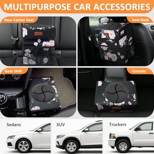 Vankor Car Trash Can with Lid Leak Proof Car Accessories for Women | 4.2 Gallon Cute Hanging Car Trash Bin for Men Car Truck Vehicle Sedan Interior Automotive Garbage Cans, Black Floral - 5