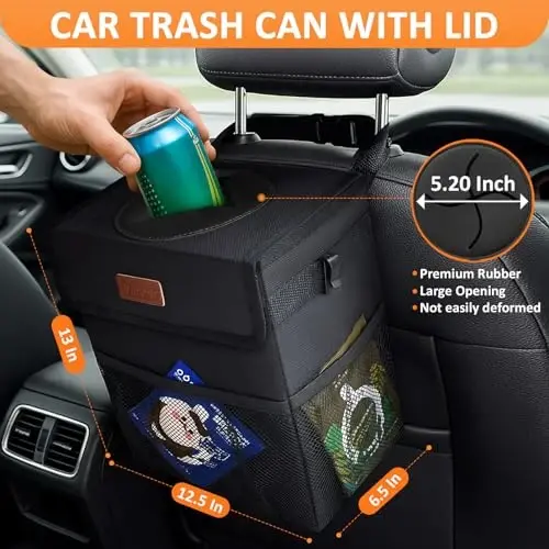 Vankor Car Trash Can with Lid Leak Proof Car Accessories for Women | 4.2 Gallon Cute Hanging Car Trash Bin for Men Car Truck Vehicle Sedan SUV Interior Automotive Garbage Cans, Black - 2