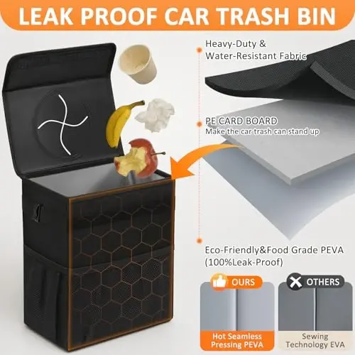Vankor Car Trash Can with Lid Leak Proof Car Accessories for Women | 4.2 Gallon Cute Hanging Car Trash Bin for Men Car Truck Vehicle Sedan SUV Interior Automotive Garbage Cans, Black - 3
