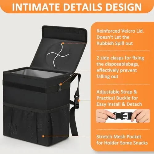 Vankor Car Trash Can with Lid Leak Proof Car Accessories for Women | 4.2 Gallon Cute Hanging Car Trash Bin for Men Car Truck Vehicle Sedan SUV Interior Automotive Garbage Cans, Black - 4