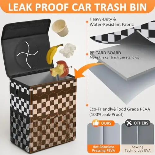 Vankor Car Trash Can with Lid Leak Proof Car Accessories for Women | 2.2 Gallon Cute Hanging Car Trash Bin for Men Car Truck Auto Interior Automotive Garbage Cans, Black White Checkered - 3