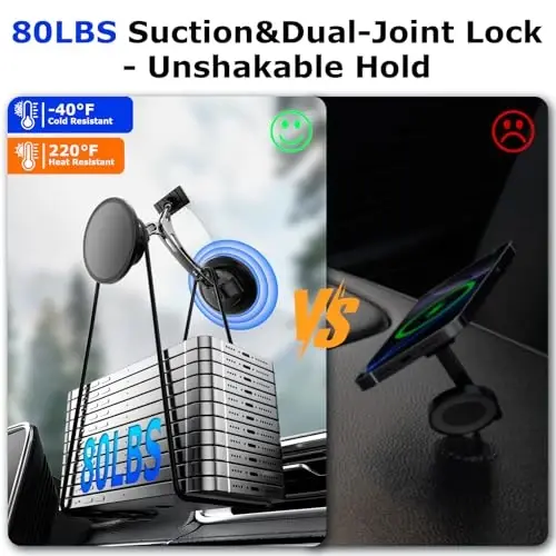 iAXBi Dual Support for MagSafe Car Mount, Magnetic Phone Holder for Car with Vacuum, 360°Adjustable Metal Head &Extension Rod, Cell Phone Holders for Your Car for iPhone17/16/15/14/13/12, Android - 4