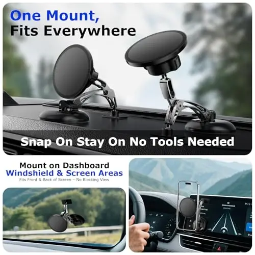 iAXBi Dual Support for MagSafe Car Mount, Magnetic Phone Holder for Car with Vacuum, 360°Adjustable Metal Head &Extension Rod, Cell Phone Holders for Your Car for iPhone17/16/15/14/13/12, Android - 5