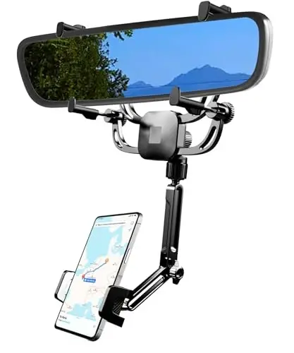 Karmus Rear View Mirror Phone Holder for Car – Universal Rearview Mirror Mount for iPhone & Android, All-Metal Arm, 360° Rotation No Suction Needed Car Cell Phone Holder Secure Fit for Most Vehicles - 1
