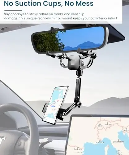 Karmus Rear View Mirror Phone Holder for Car – Universal Rearview Mirror Mount for iPhone & Android, All-Metal Arm, 360° Rotation No Suction Needed Car Cell Phone Holder Secure Fit for Most Vehicles - KARMUS (1)