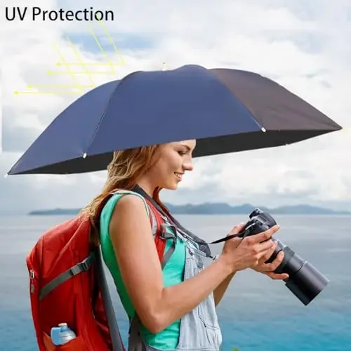 Bocampty Umbrella Hat, 37 inch Fishing Umbrella Hat Hands Free Foldable UV Protection Umbrella Cap Adjustable Headwear for Fishing Golf Camping Beach Gardening Sunshade Outdoor - 3