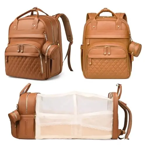 Astro alan Diaper Bag with Changing Station, Waterproof 3 in 1 Diaper Backpack with Foldable Changing Pad, Large Travel Backpack for Mom & Dad, Shower Gift for Baby Girl & Boy, Brown - 1