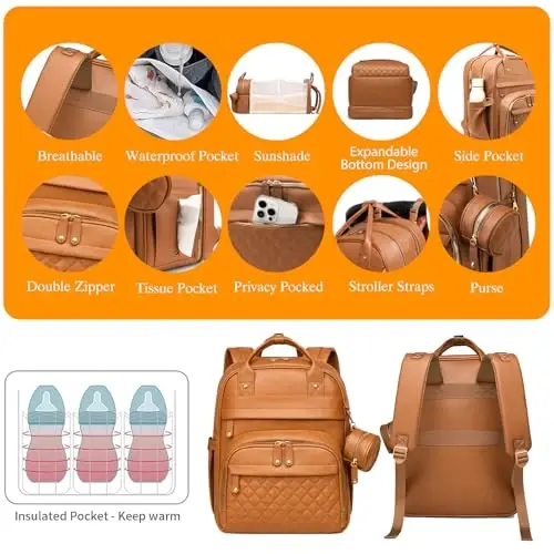 Astro alan Diaper Bag with Changing Station, Waterproof 3 in 1 Diaper Backpack with Foldable Changing Pad, Large Travel Backpack for Mom & Dad, Shower Gift for Baby Girl & Boy, Brown - 6