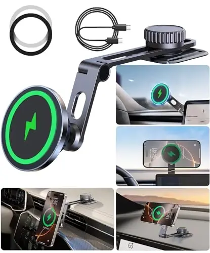 AREDAN Tesla Phone Mount Charger for iPhone MagSafe 【Hidden Foldable Design】 15W Wireless Charging, Universal Car Magnetic Dashboard Phone Holder, Tesla Model 3/Y/Cybertruck Accessories - AREDAN