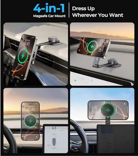 AREDAN Tesla Phone Mount Charger for iPhone MagSafe 【Hidden Foldable Design】 15W Wireless Charging, Universal Car Magnetic Dashboard Phone Holder, Tesla Model 3/Y/Cybertruck Accessories - 3