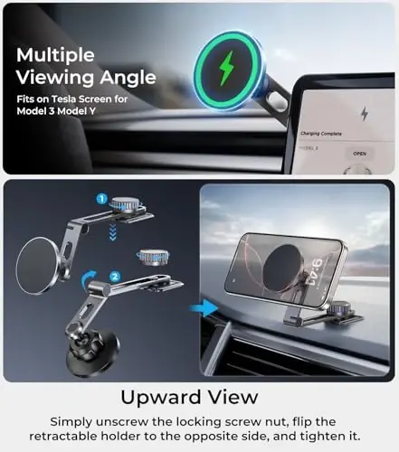 AREDAN Tesla Phone Mount Charger for iPhone MagSafe 【Hidden Foldable Design】 15W Wireless Charging, Universal Car Magnetic Dashboard Phone Holder, Tesla Model 3/Y/Cybertruck Accessories - 5
