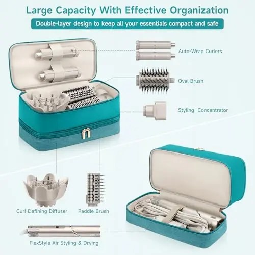 Travel Hair Dryer Case for Shark Flexstyle, Double-Layer Carrying Case for Shark Flex Style Blow Dryer, Portable Hair Tools Storage Organizer Bag for Shark Beauty Hairdryer AttcModazoneents (Teal Green) - ADWORTE (1)