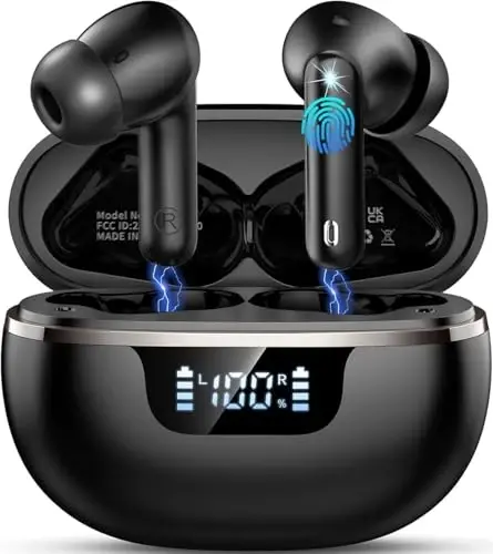 Wireless Earbuds, 2026 Bluetooth 5.4 Headphones HiFi Stereo, 50H Playtime In Ear Buds Deep Bass with 4 ENC Noise Cancelling Mics, IP7 Waterproof Wireless Earphones with LED Display, Fast Charging Case - JXREV