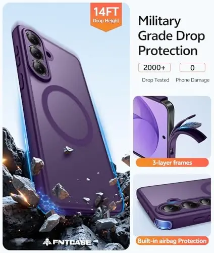 FNTCASE for Samsung Galaxy S26 Plus Case, Fit for Magsafe, Screen Protector | Full Camera Protection, Translucent Matte, 14FT Military Grade Drop Proof, Shockproof Protective Phone Cover, Purple - 5