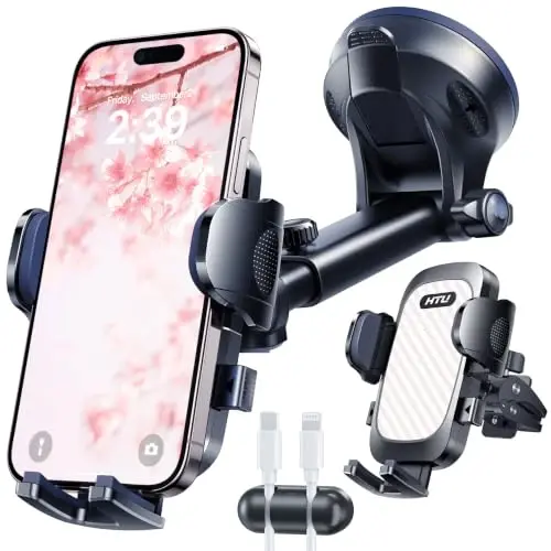 HTU 2026 Ultimate Best【True Military-Grade & Safety Cert】Car Phone Holder【Upgraded 360 Rotation & 100+LBS Strongest Suction】5-in-1 Truck Windshield Dashboard Vent Mount Stand for iPhone Android, Pink - 1