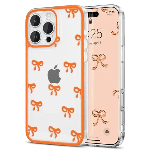 EYZUTAK Case for iPhone 16 Pro, Clear Cute Ribbon Bowknot Pattern Aesthetic Transparent Phone Case Raised Camera Protection Stylish Slim Soft Durable TPU Protective Cover for Women Girls - Orange - 1