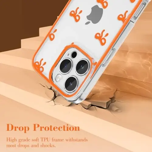 EYZUTAK Case for iPhone 16 Pro, Clear Cute Ribbon Bowknot Pattern Aesthetic Transparent Phone Case Raised Camera Protection Stylish Slim Soft Durable TPU Protective Cover for Women Girls - Orange - 3
