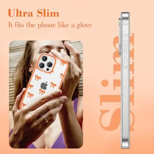 EYZUTAK Case for iPhone 16 Pro, Clear Cute Ribbon Bowknot Pattern Aesthetic Transparent Phone Case Raised Camera Protection Stylish Slim Soft Durable TPU Protective Cover for Women Girls - Orange - 4