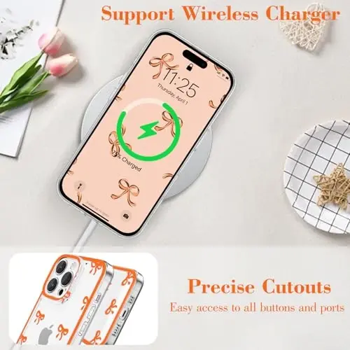 EYZUTAK Case for iPhone 16 Pro, Clear Cute Ribbon Bowknot Pattern Aesthetic Transparent Phone Case Raised Camera Protection Stylish Slim Soft Durable TPU Protective Cover for Women Girls - Orange - 5