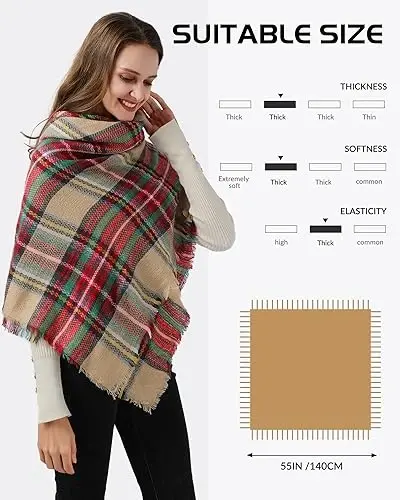 Clothirily Womens Winter Scarf, Fashion CasModazoneere Feel Plaid Scarfs for Women, PasModazoneina Shawls and Wraps, Long Blanket Scarf - 4