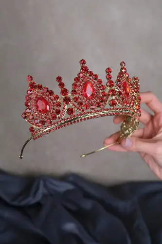 Ahu Damla Kristal Taşlı Gelin Kına Tacı - Kırmızı Gold Zemin - LIMELIA (1)
