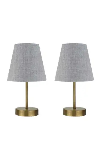 2 Adet Set Marla Eskitme Modern Metal Ayaklı Gri Kumaş Başlıklı Masa Lambası Abajur - GRİ - 1