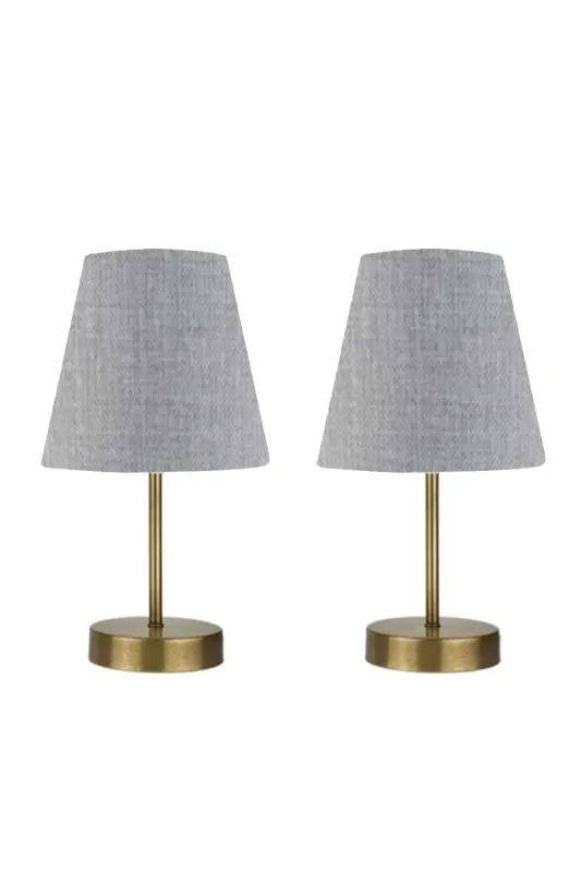 2 Adet Set Marla Eskitme Modern Metal Ayaklı Gri Kumaş Başlıklı Masa Lambası Abajur - GRİ - 1