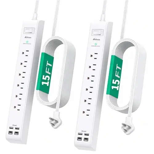 2 Pack Extension Cord 15FT, Power Strip Surge Protector with 6 Outlets and 4 USB Ports (2 USB C), Flat Plug Overload Protection, Extension Cord with Multiple Outlets, Wall Mount for Home Dorm College - 1