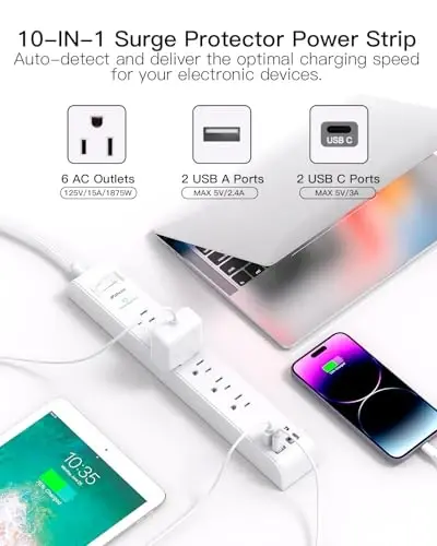 2 Pack Extension Cord 15FT, Power Strip Surge Protector with 6 Outlets and 4 USB Ports (2 USB C), Flat Plug Overload Protection, Extension Cord with Multiple Outlets, Wall Mount for Home Dorm College - 4