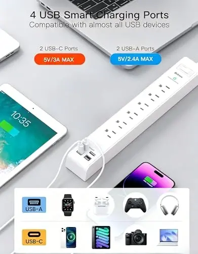 2 Pack Extension Cord 15FT, Power Strip Surge Protector with 6 Outlets and 4 USB Ports (2 USB C), Flat Plug Overload Protection, Extension Cord with Multiple Outlets, Wall Mount for Home Dorm College - 6