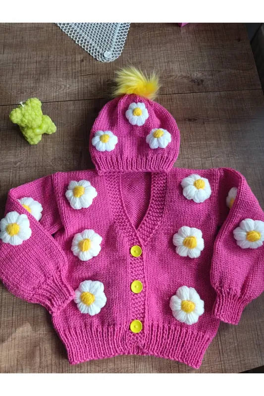 EL ÖRGÜSÜ ÇOCUK HIRKA BERE - Deli pembe - EL ÖRGÜSÜ CİCİ BEBE