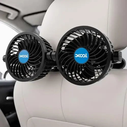 XOOL USB Dual Head Backseat Car Fan – 360° Rotatable Rear Seat Air Circulator with Stepless Speed & Adjustable Clip for Kids in SUV, Truck, RV 