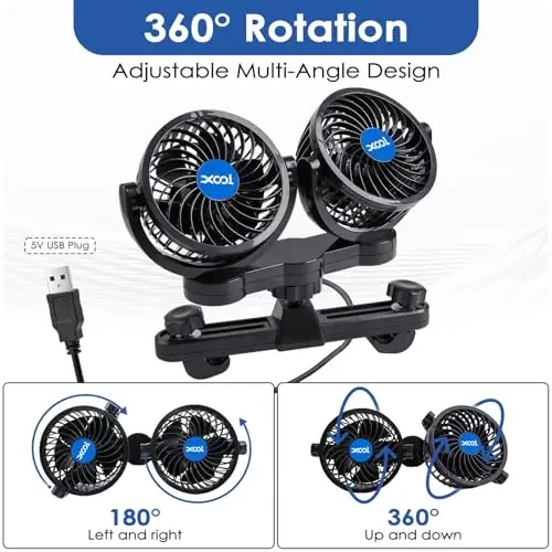 XOOL USB Dual Head Backseat Car Fan – 360° Rotatable Rear Seat Air Circulator with Stepless Speed & Adjustable Clip for Kids in SUV, Truck, RV - 2